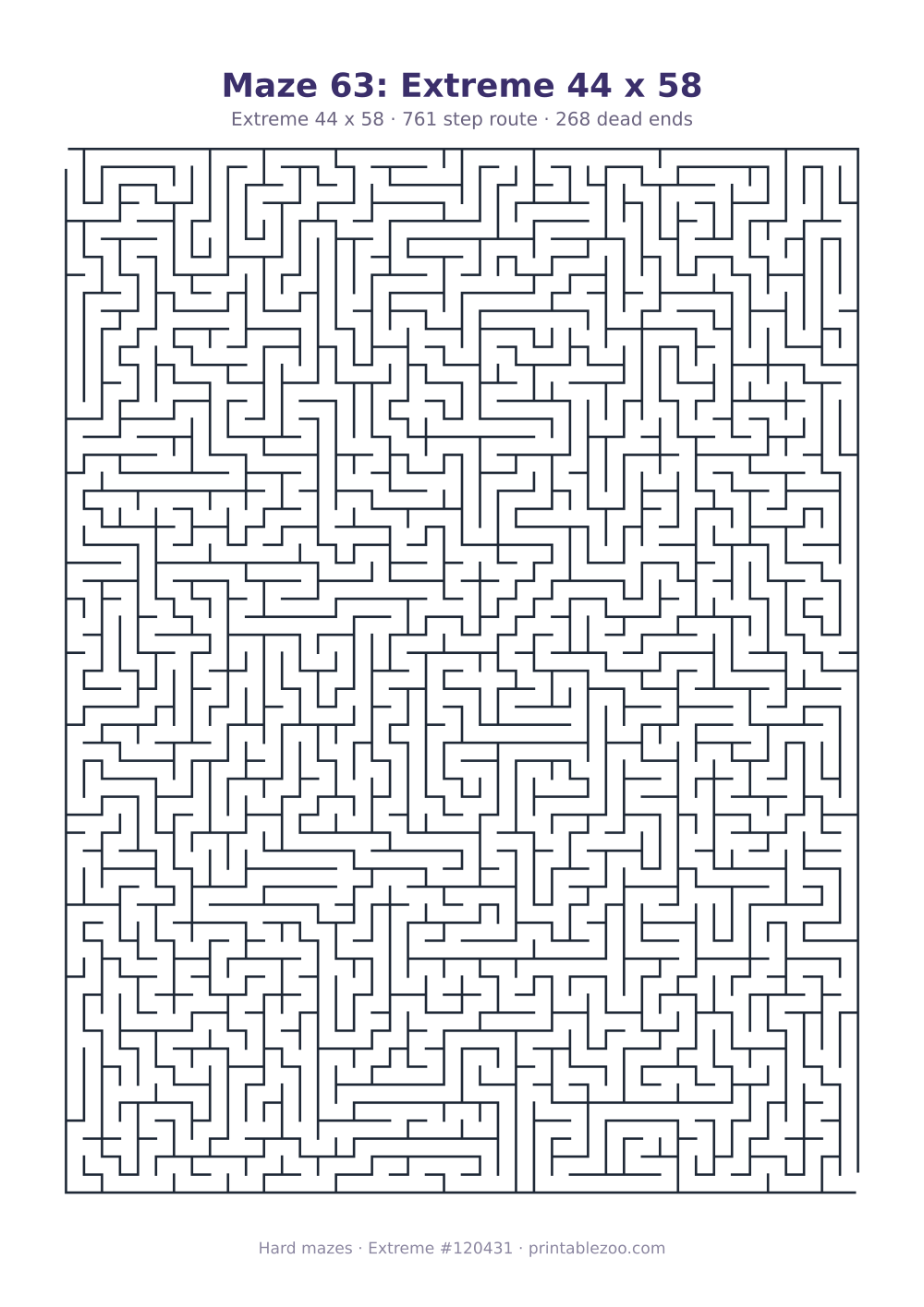 Printable extreme maze, 44x58 squares, 268 dead ends and a 761 step route