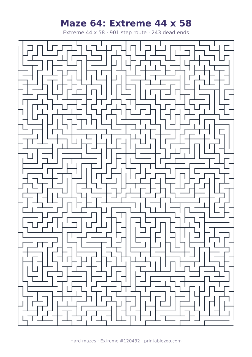 Printable extreme maze, 44x58 squares, 243 dead ends and a 901 step route