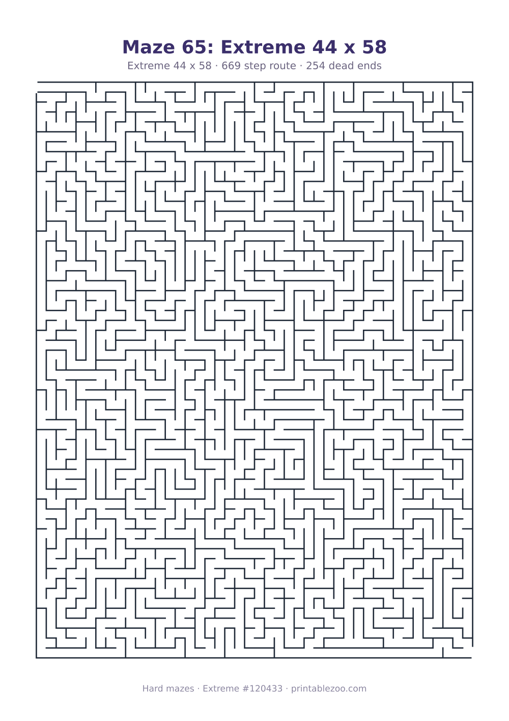 Printable extreme maze, 44x58 squares, 254 dead ends and a 669 step route