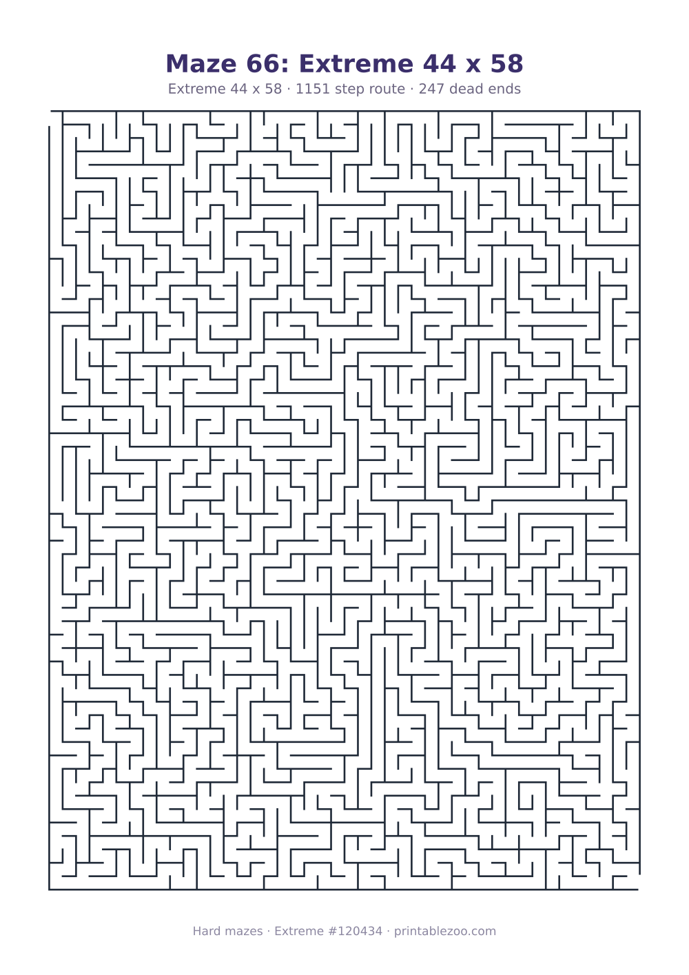 Printable extreme maze, 44x58 squares, 247 dead ends and a 1151 step route
