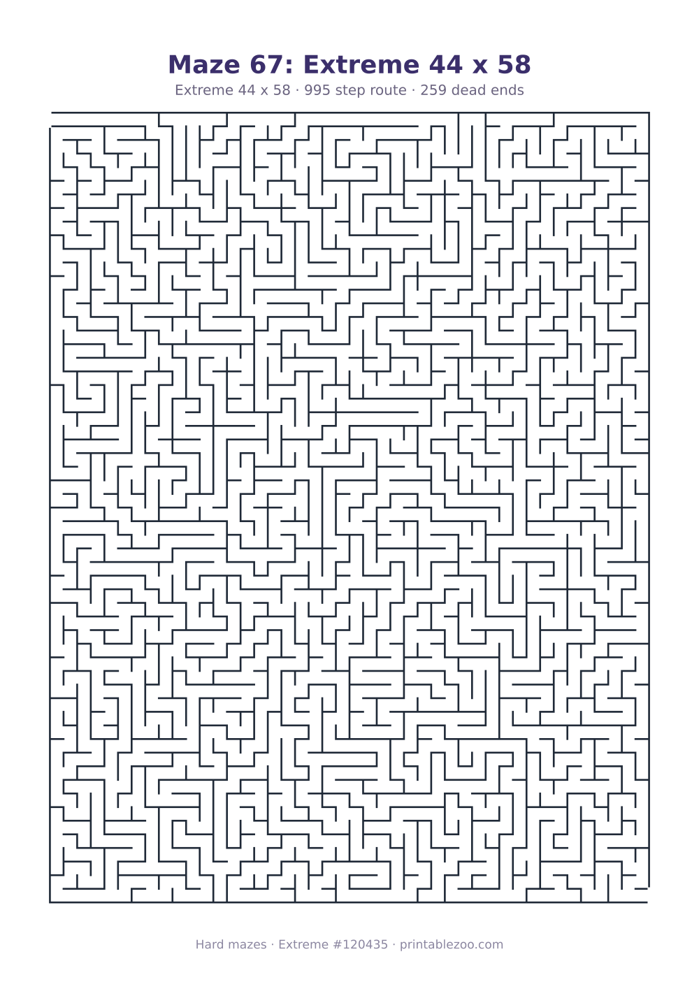 Printable extreme maze, 44x58 squares, 259 dead ends and a 995 step route