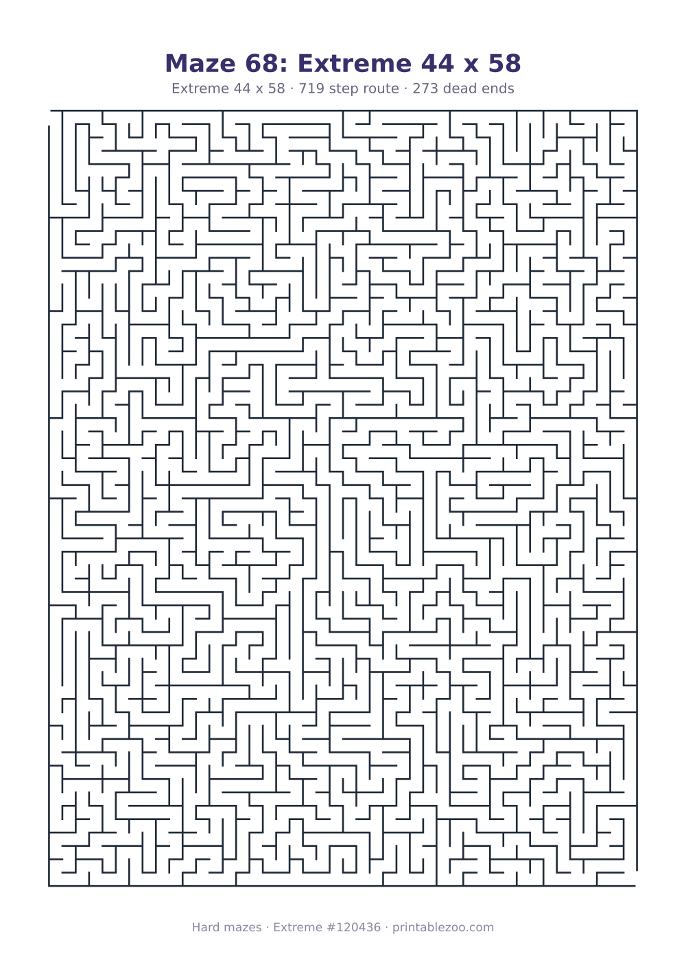 Printable extreme maze, 44x58 squares, 273 dead ends and a 719 step route