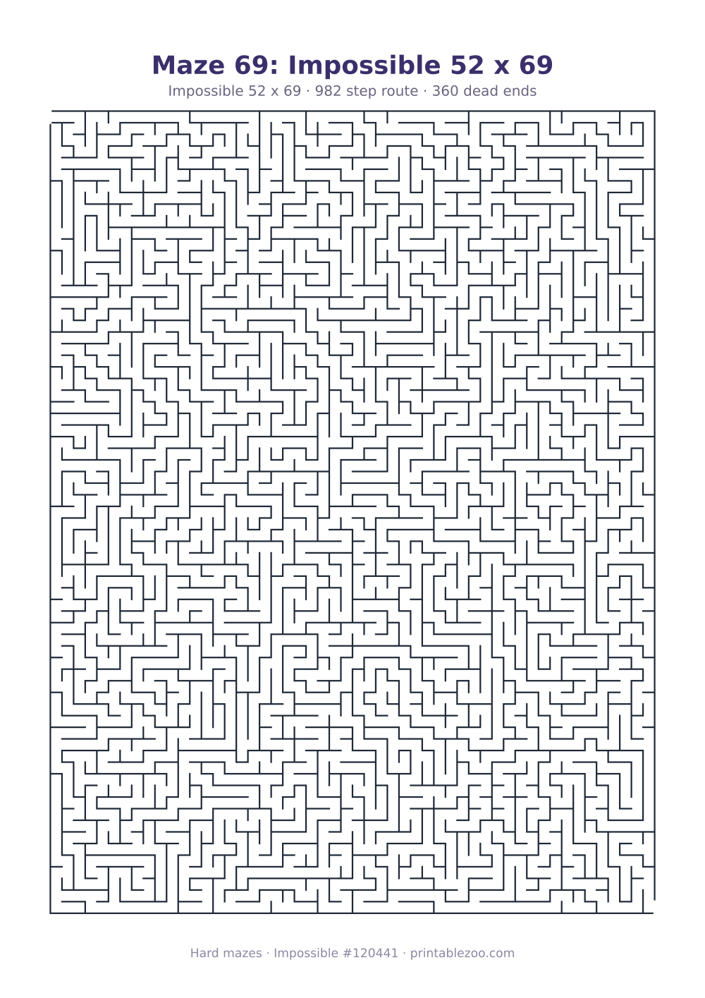Printable impossible maze, 52x69 squares, 360 dead ends and a 982 step route