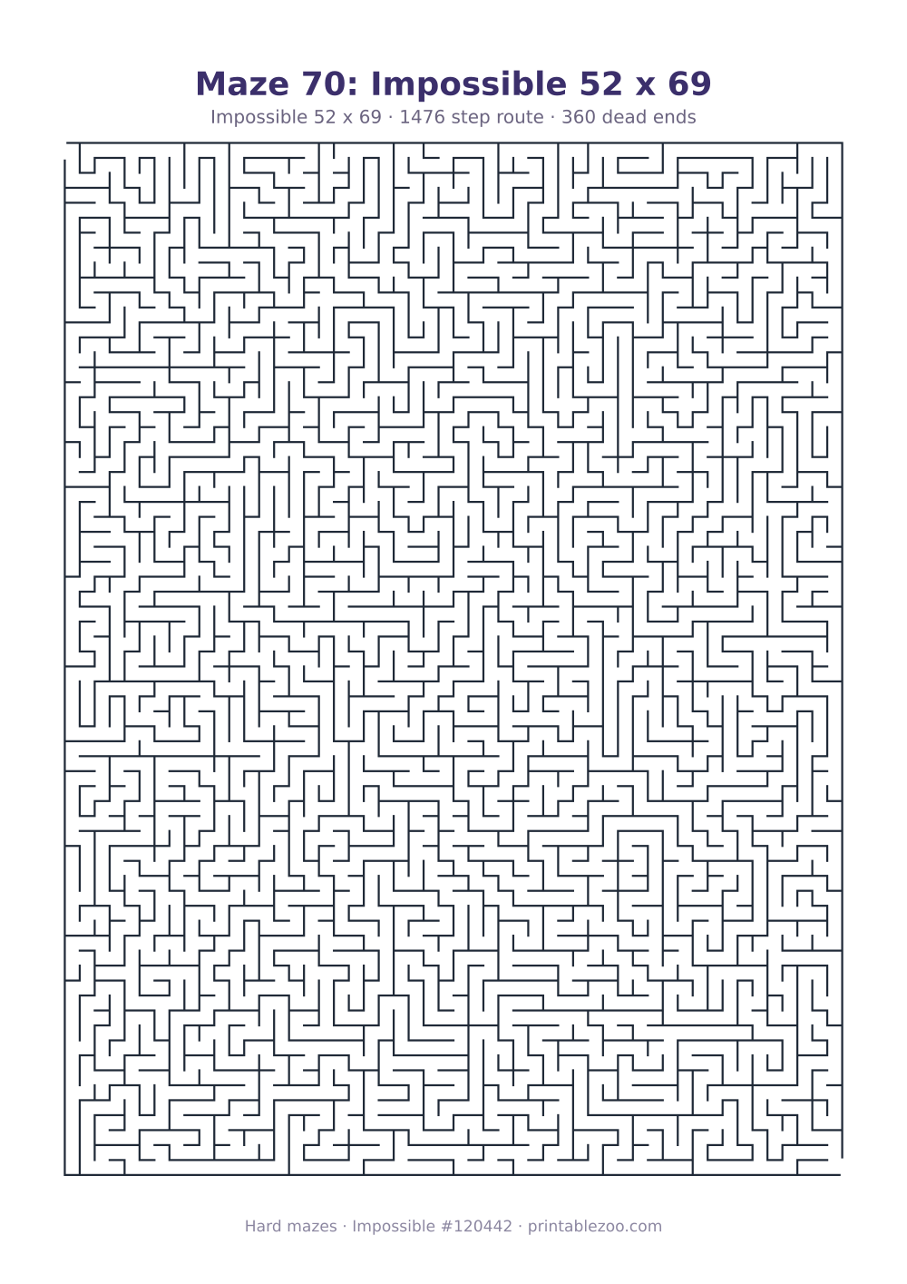 Printable impossible maze, 52x69 squares, 360 dead ends and a 1476 step route
