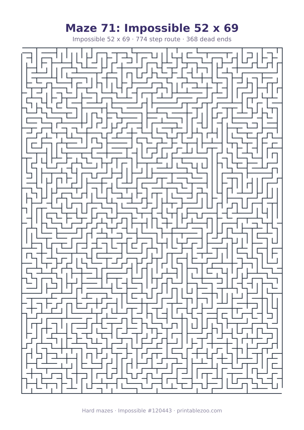 Printable impossible maze, 52x69 squares, 368 dead ends and a 774 step route