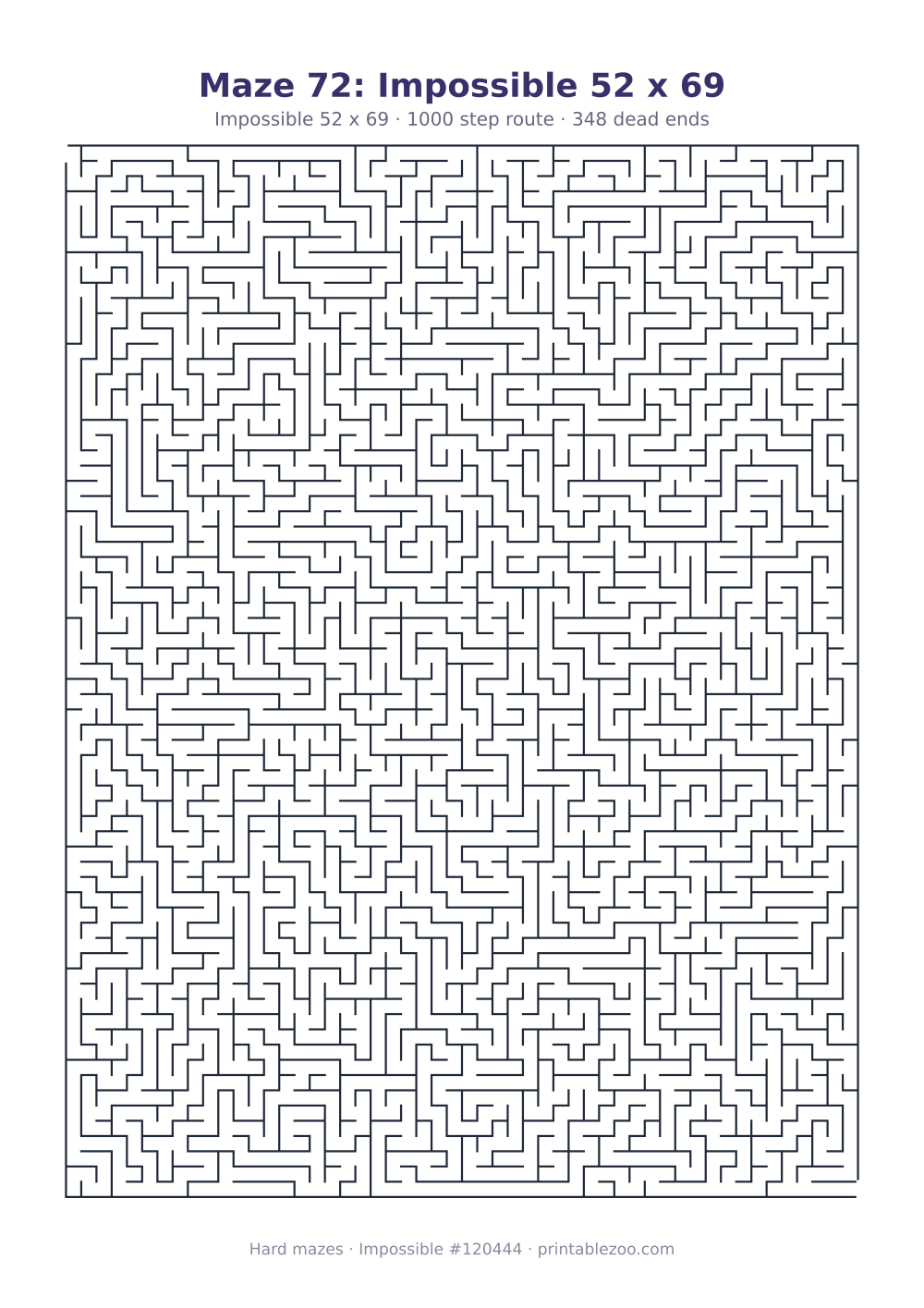 Printable impossible maze, 52x69 squares, 348 dead ends and a 1000 step route