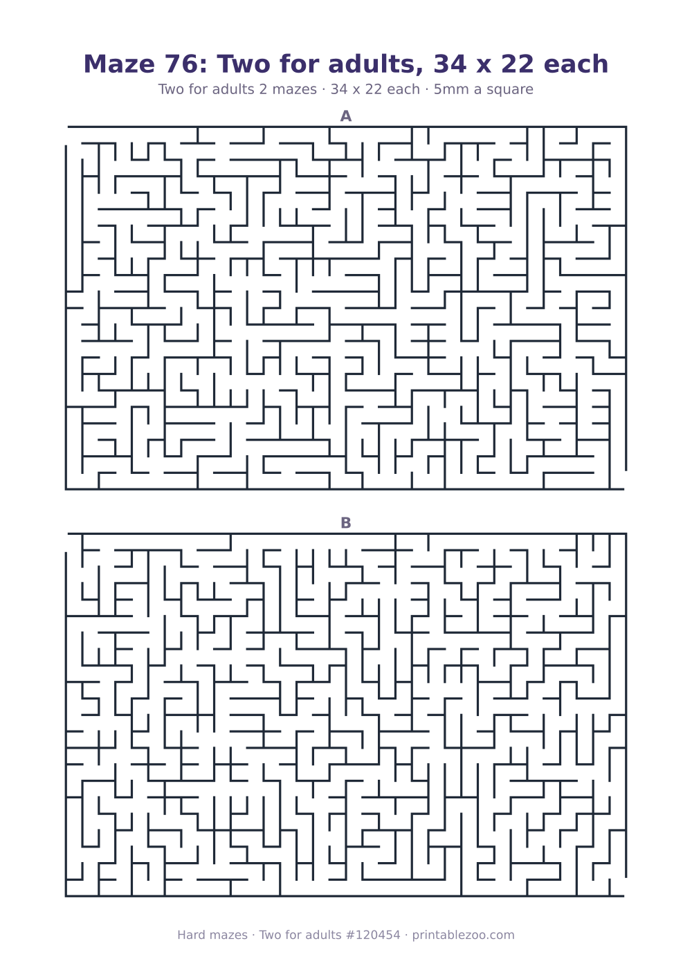 Printable sheet of 2 hard mazes for adults, 34 by 22 squares each and 369 dead ends in all