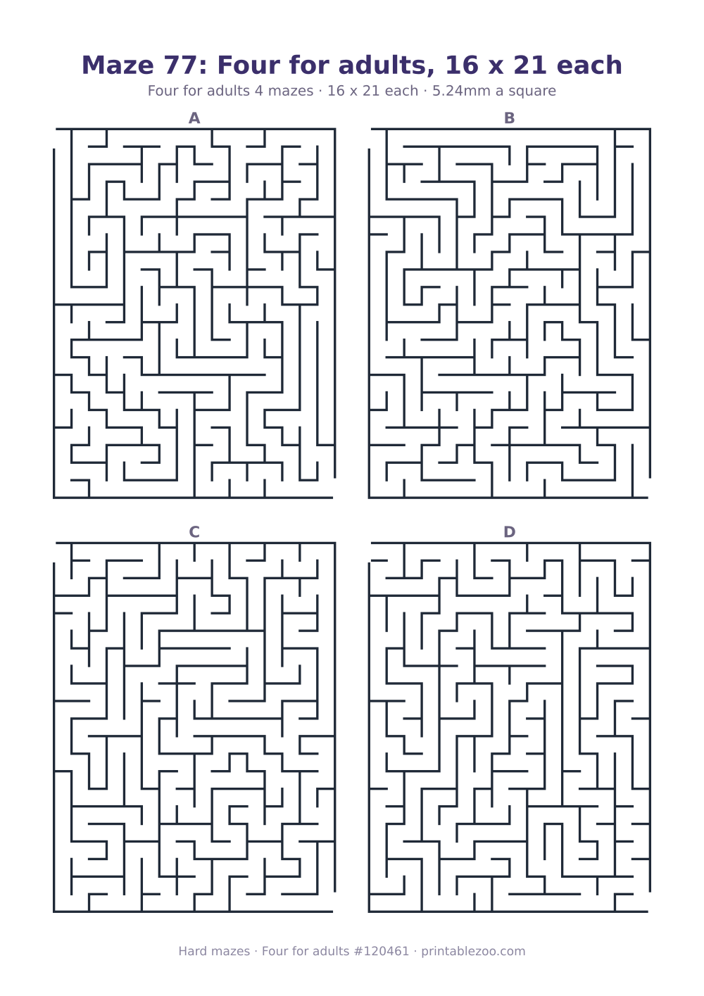 Printable sheet of 4 hard mazes for adults, 16 by 21 squares each and 143 dead ends in all