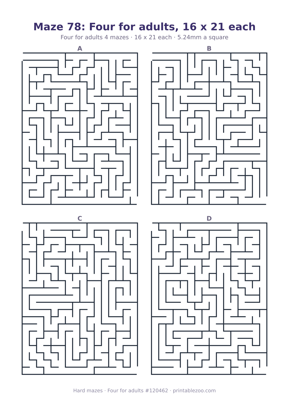 Printable sheet of 4 hard mazes for adults, 16 by 21 squares each and 131 dead ends in all