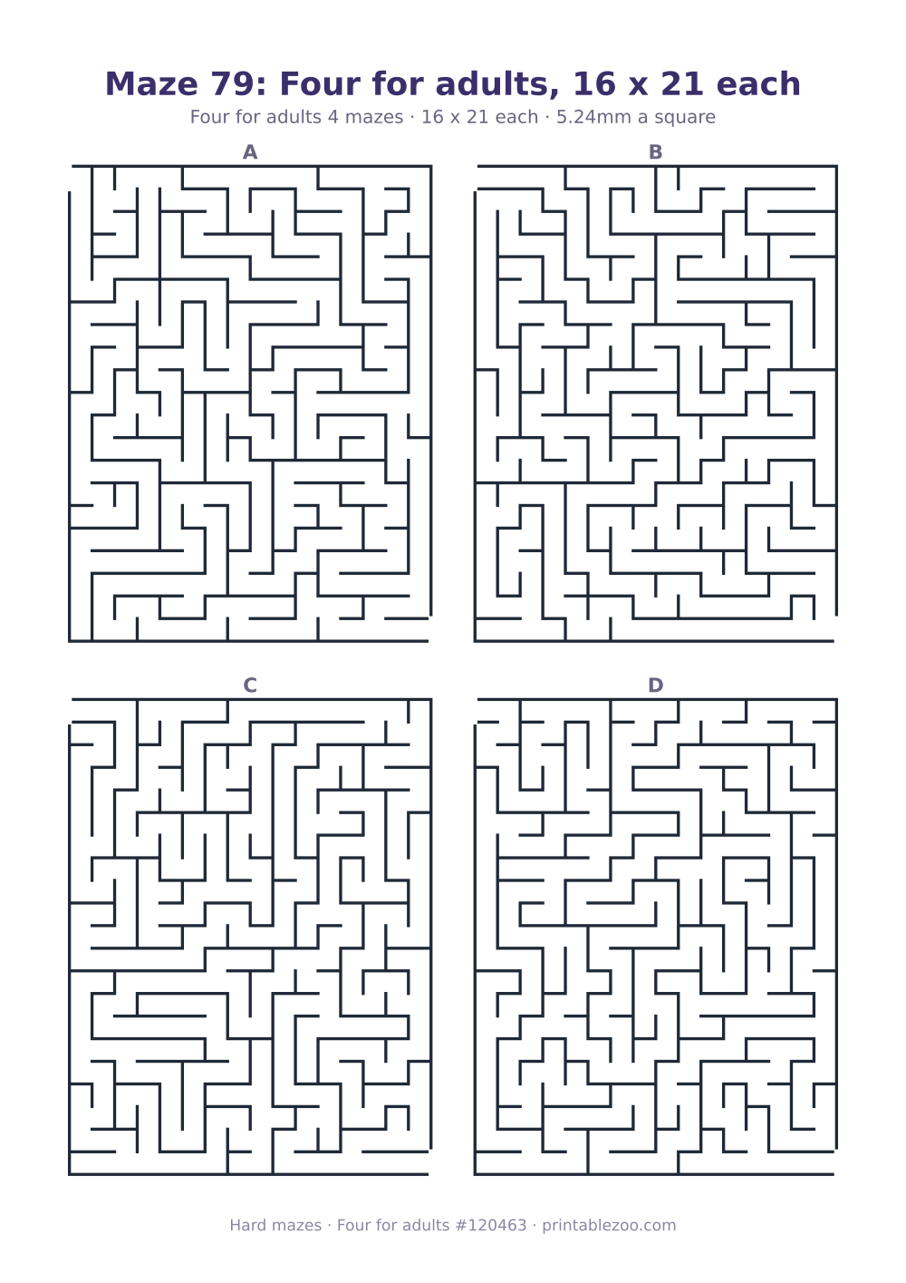 Printable sheet of 4 hard mazes for adults, 16 by 21 squares each and 151 dead ends in all
