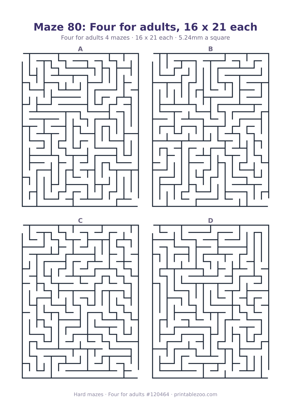 Printable sheet of 4 hard mazes for adults, 16 by 21 squares each and 146 dead ends in all