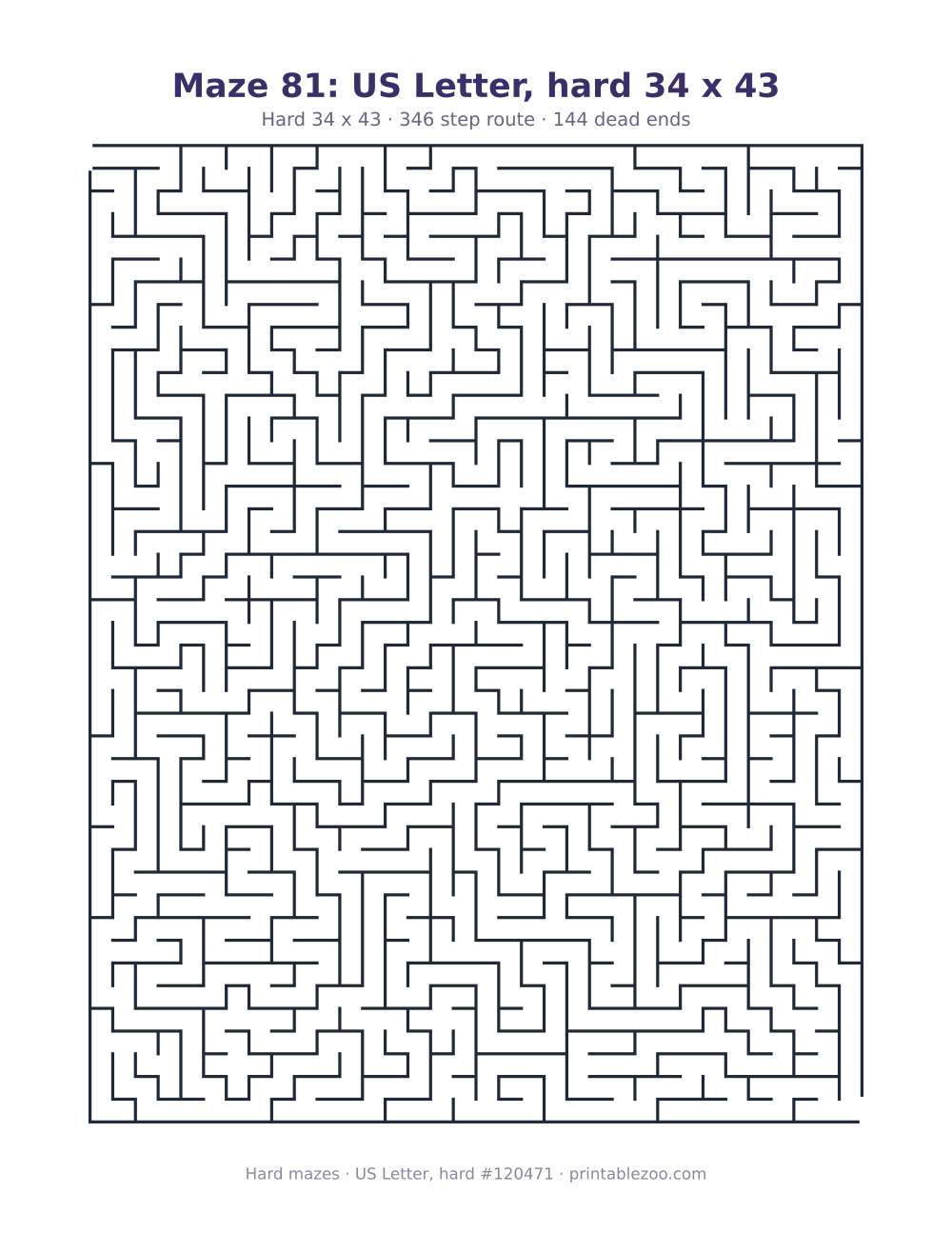 Printable hard maze on US Letter, 34 by 43 squares and a 346 step route
