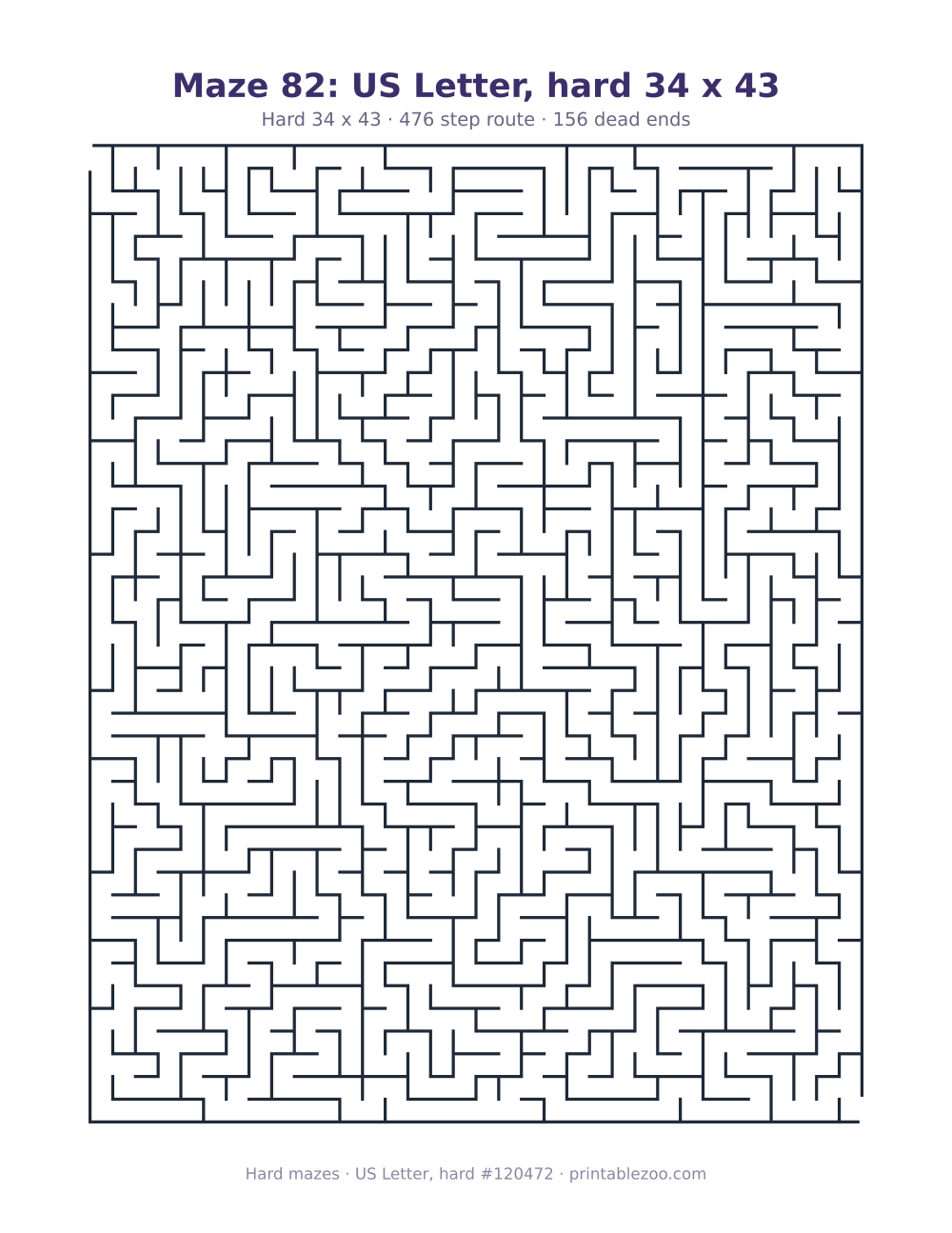 Printable hard maze on US Letter, 34 by 43 squares and a 476 step route