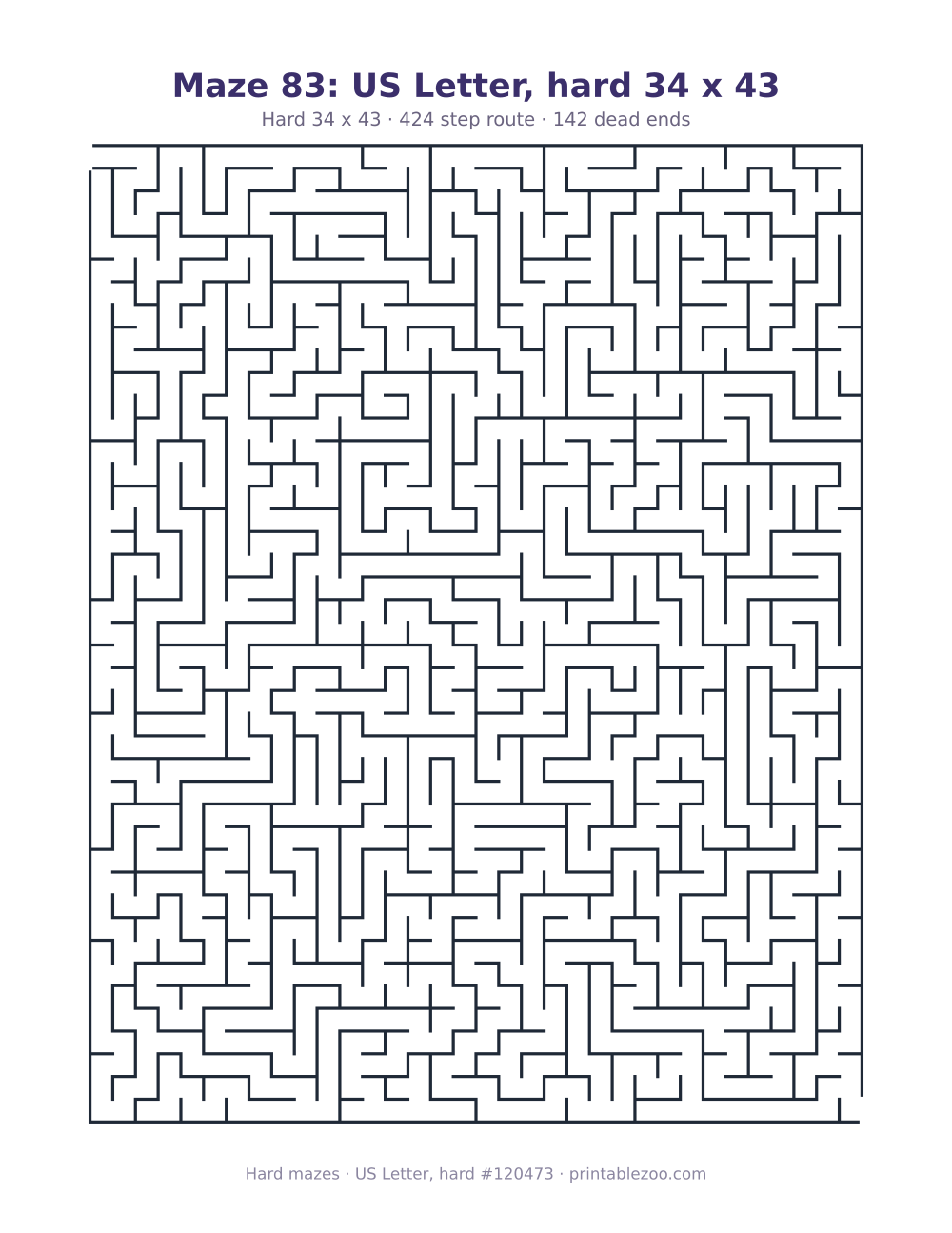 Printable hard maze on US Letter, 34 by 43 squares and a 424 step route
