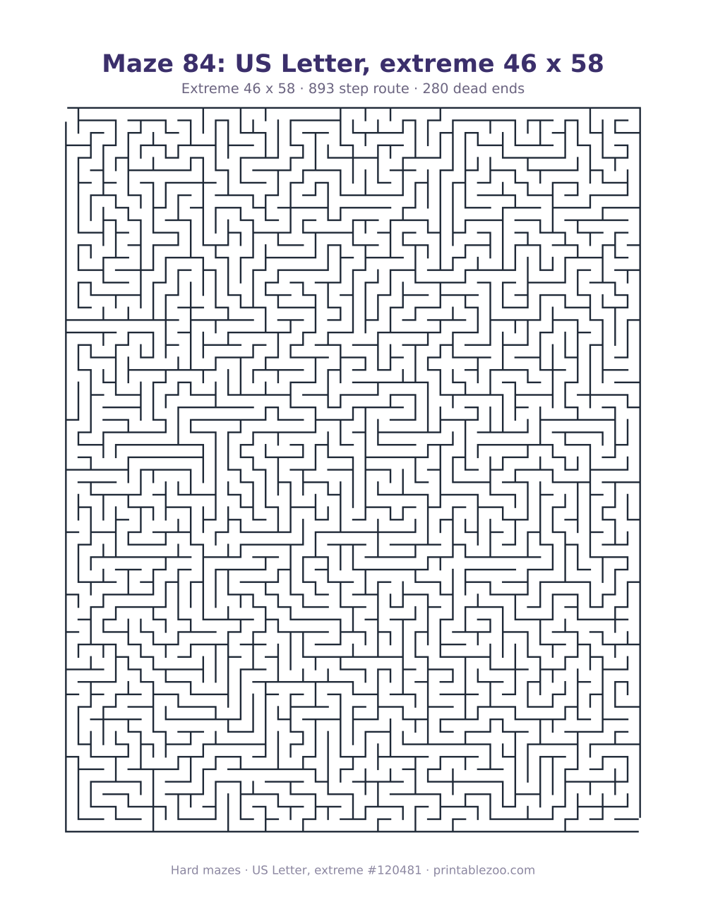 Printable extreme maze on US Letter, 46 by 58 squares and a 893 step route
