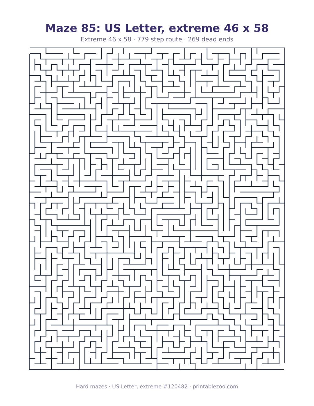 Printable extreme maze on US Letter, 46 by 58 squares and a 779 step route