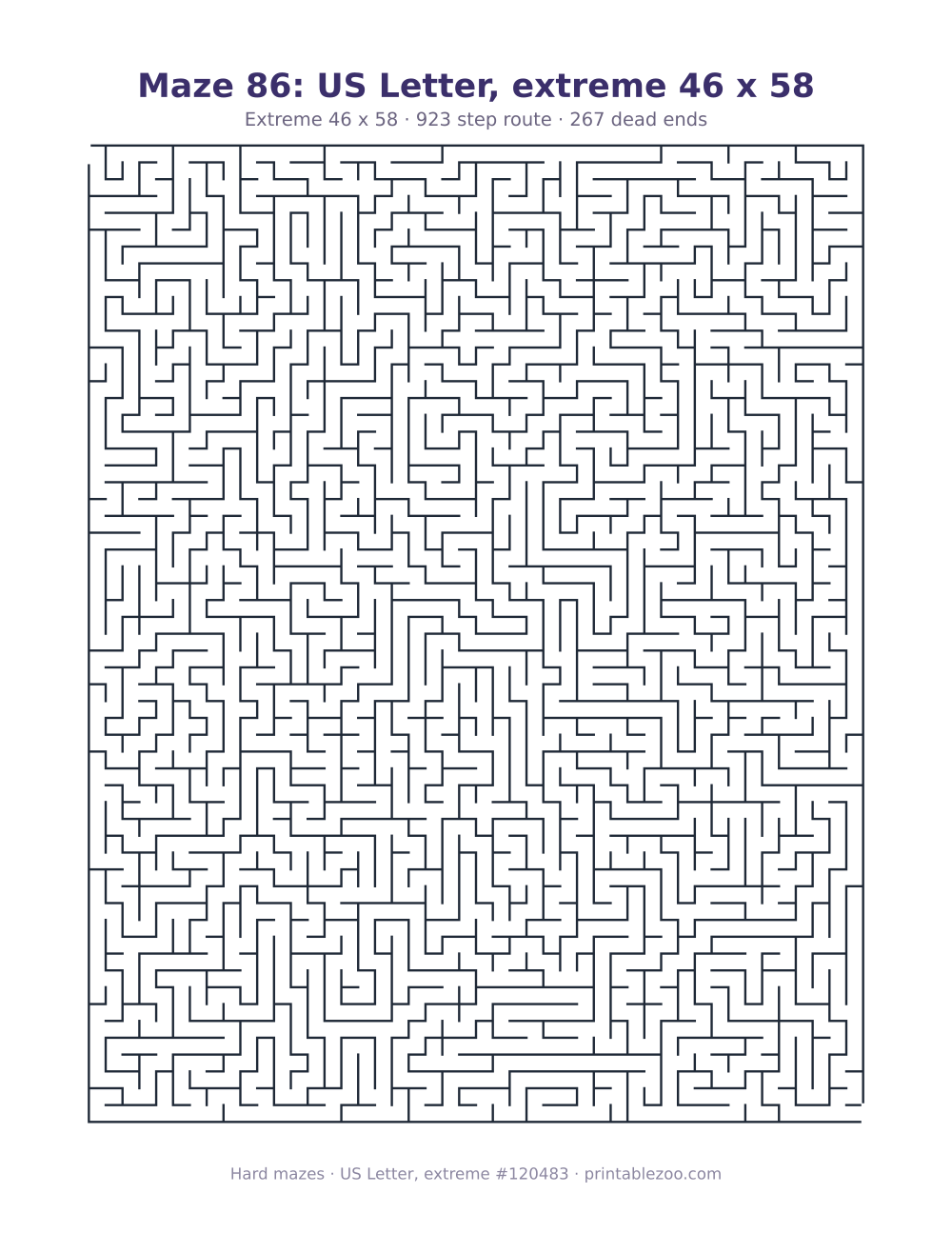 Printable extreme maze on US Letter, 46 by 58 squares and a 923 step route