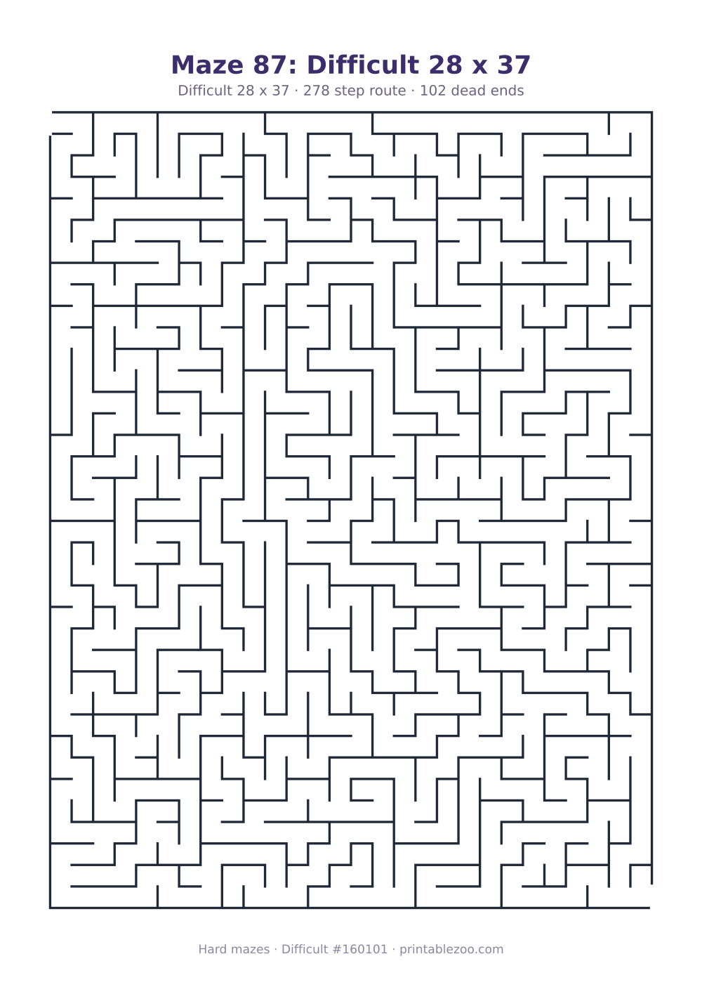 Printable difficult maze on a 28 by 37 grid with 102 dead ends and a 278 step route Puzzle #160101.