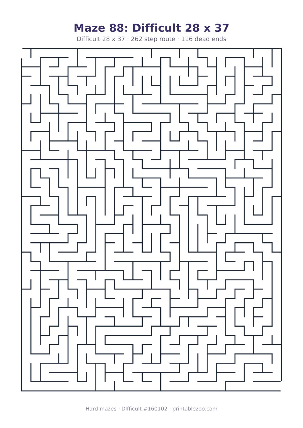 Printable difficult maze on a 28 by 37 grid with 116 dead ends and a 262 step route Puzzle #160102.