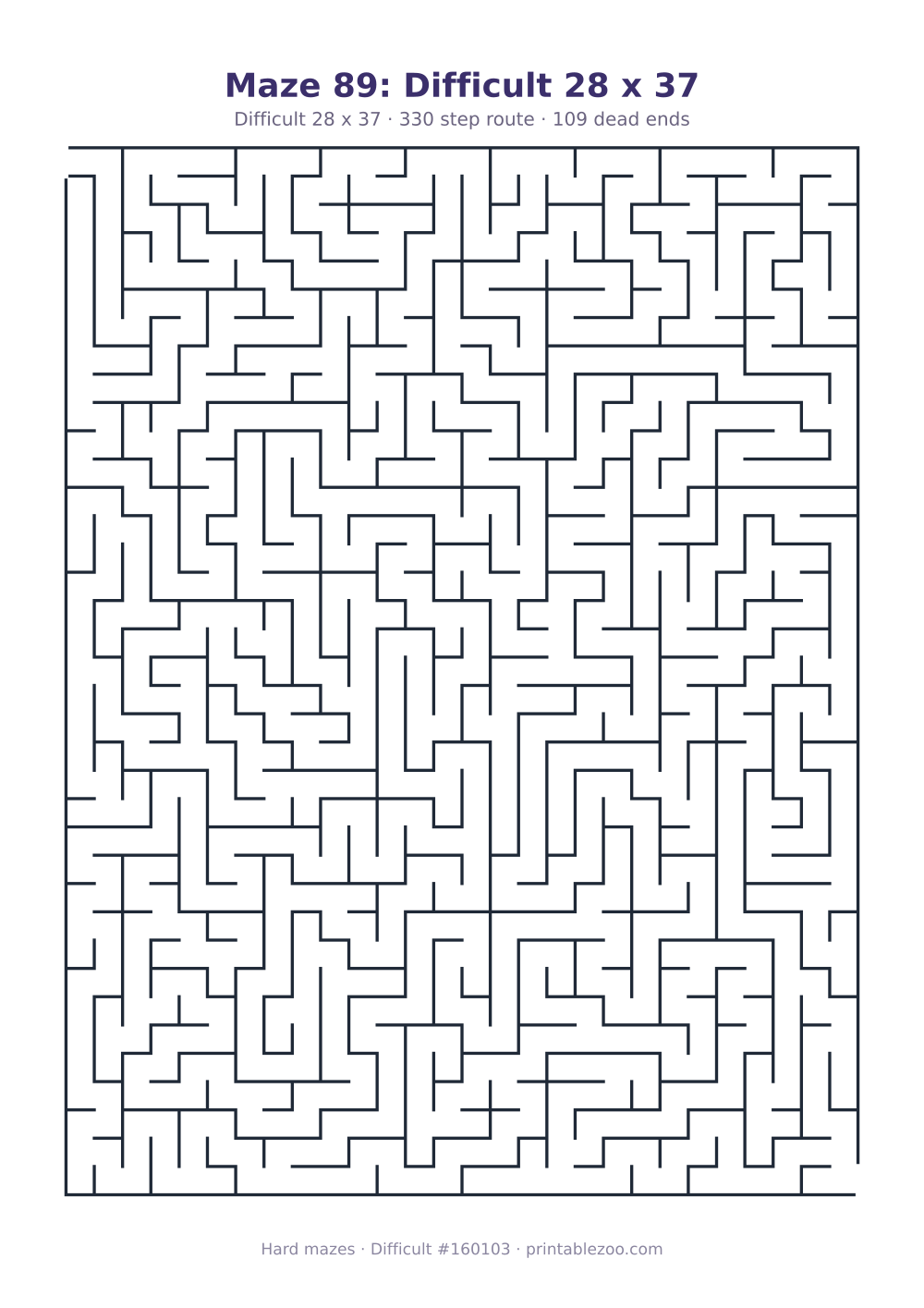 Printable difficult maze on a 28 by 37 grid with 109 dead ends and a 330 step route Puzzle #160103.