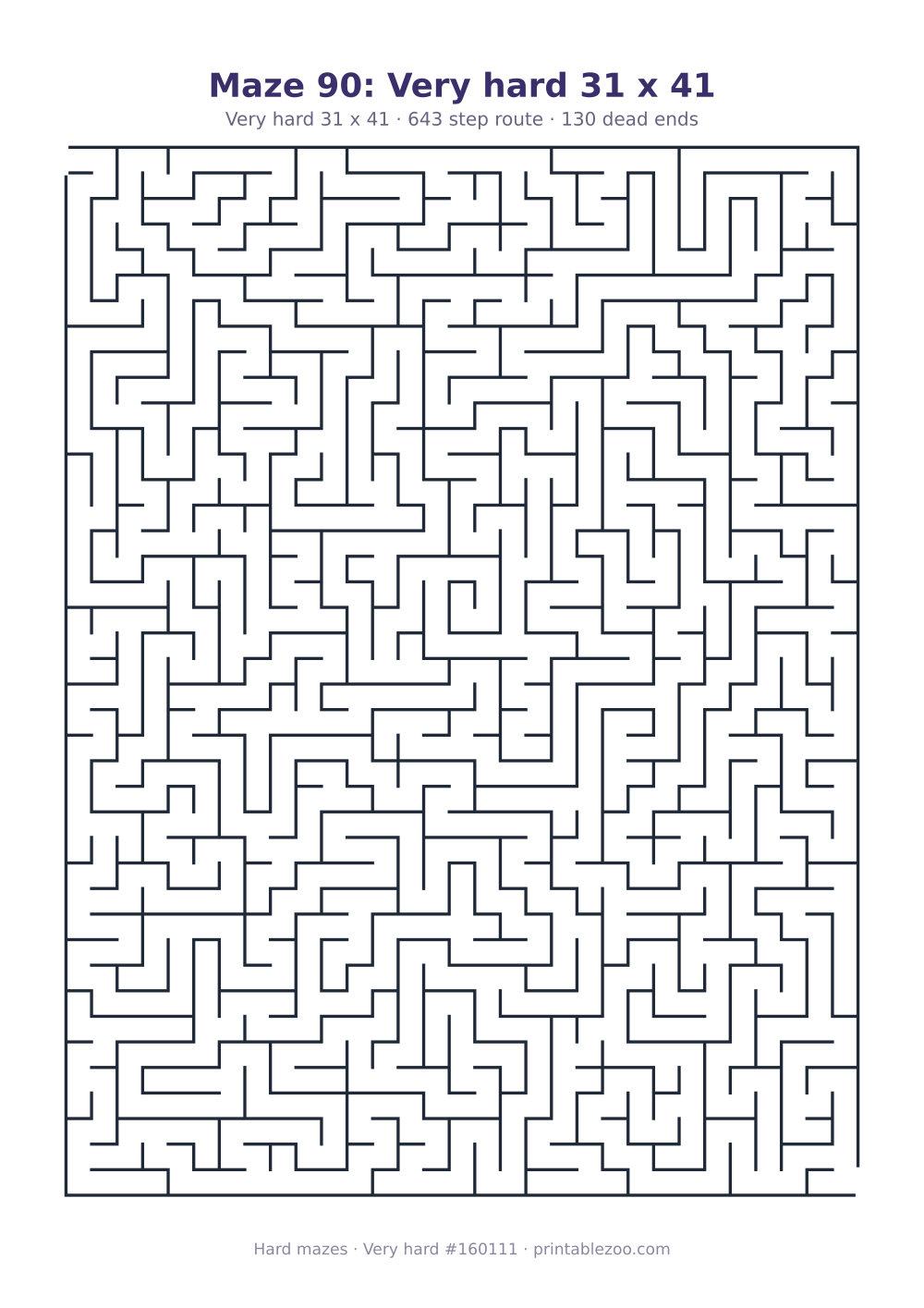 Printable very hard maze on a 31 by 41 grid with 130 dead ends and a 643 step route Puzzle #160111.