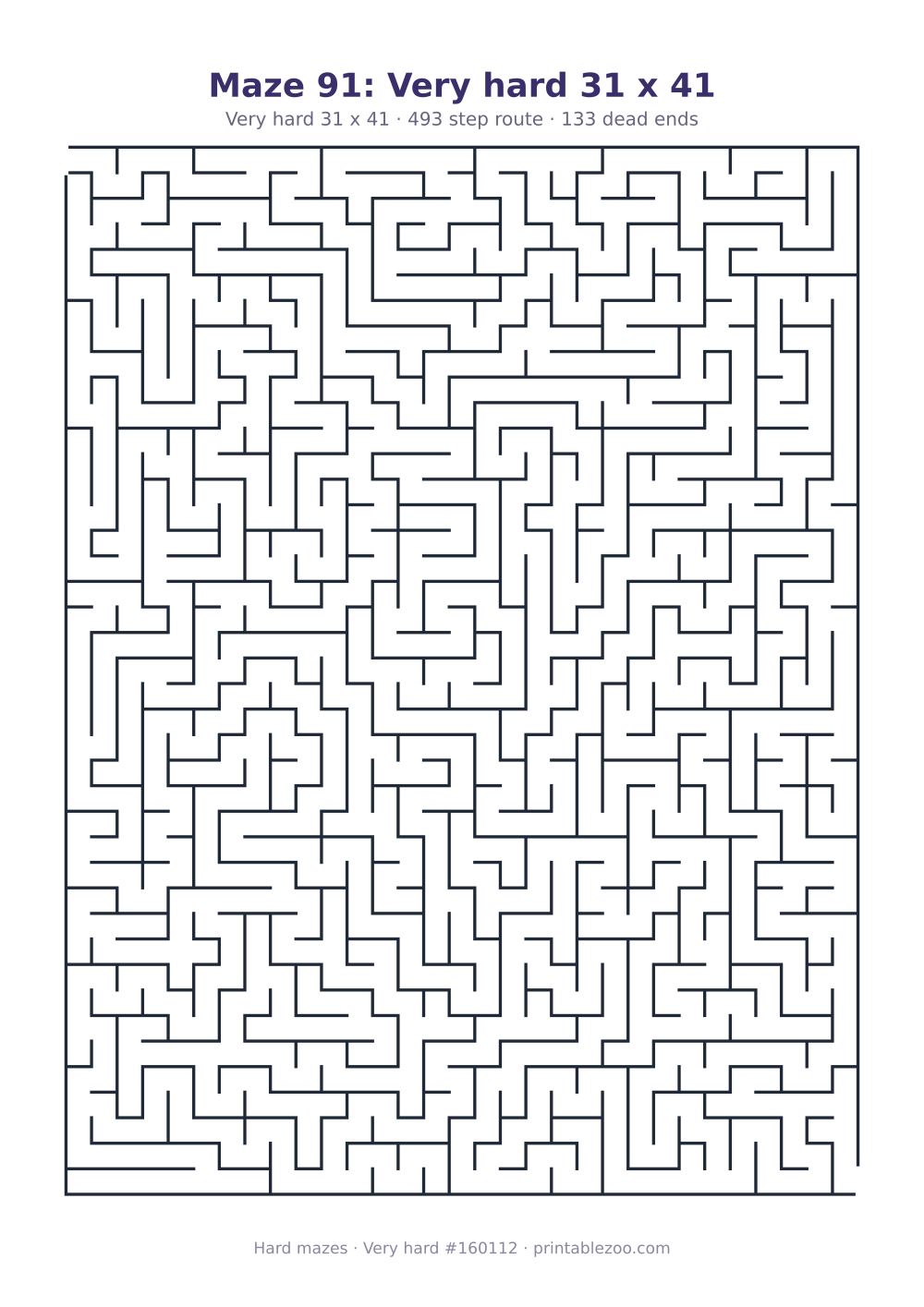 Printable very hard maze on a 31 by 41 grid with 133 dead ends and a 493 step route Puzzle #160112.