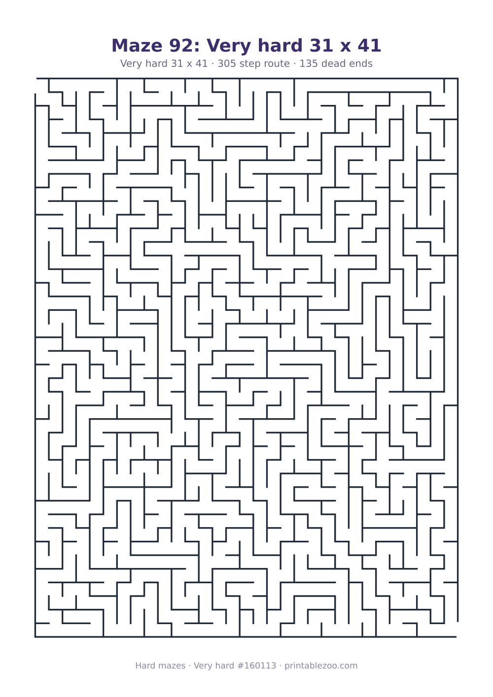 Printable very hard maze on a 31 by 41 grid with 135 dead ends and a 305 step route Puzzle #160113.
