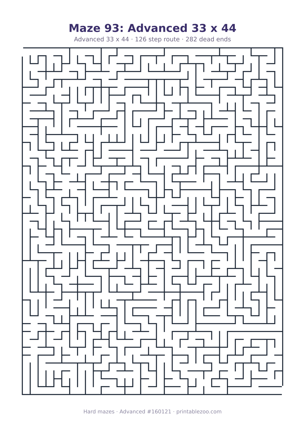 Printable advanced maze on a 33 by 44 grid with 282 dead ends and a 126 step route Puzzle #160121.