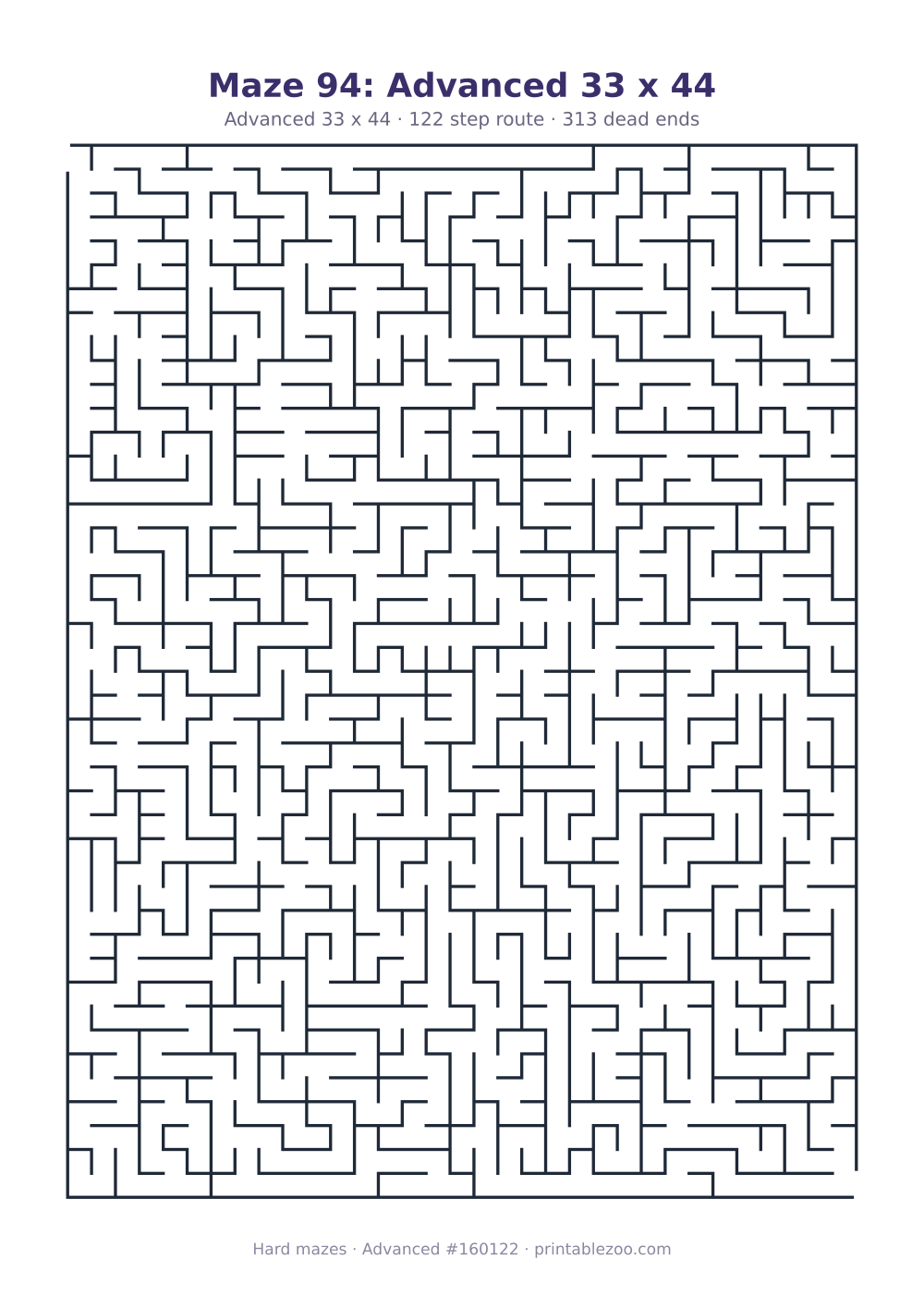Printable advanced maze on a 33 by 44 grid with 313 dead ends and a 122 step route Puzzle #160122.