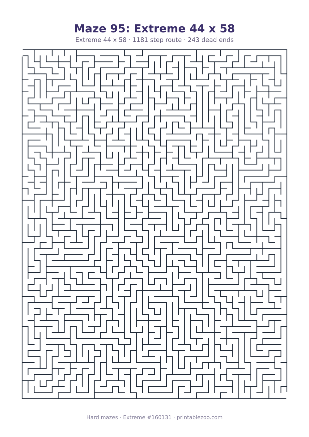 Printable extreme maze, 44x58 squares, 243 dead ends and a 1181 step route Puzzle #160131.