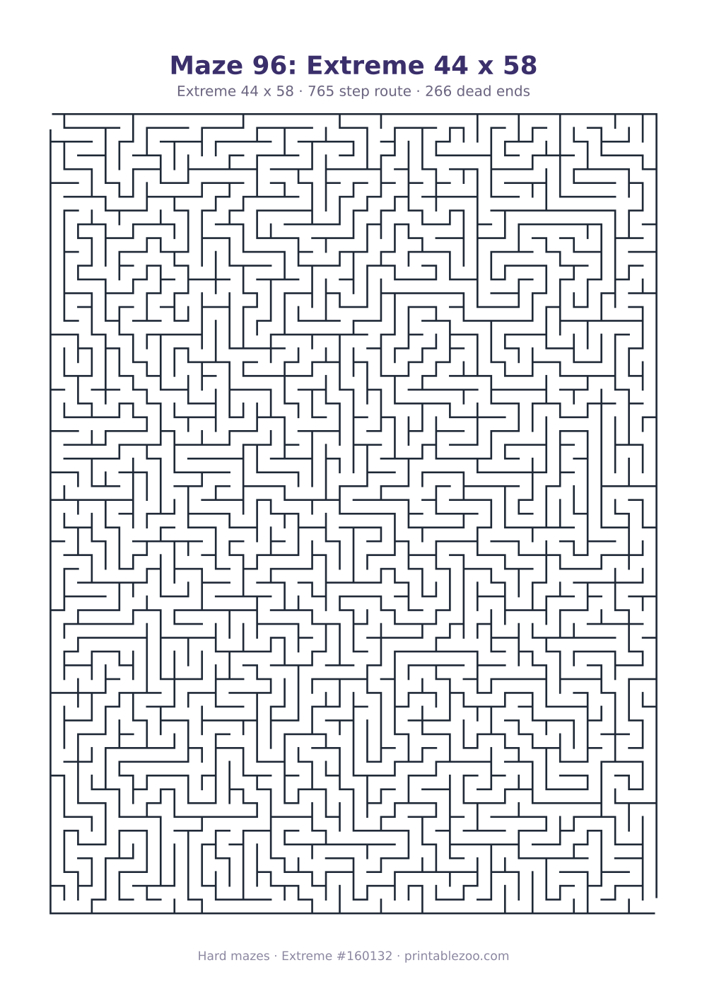 Printable extreme maze, 44x58 squares, 266 dead ends and a 765 step route Puzzle #160132.