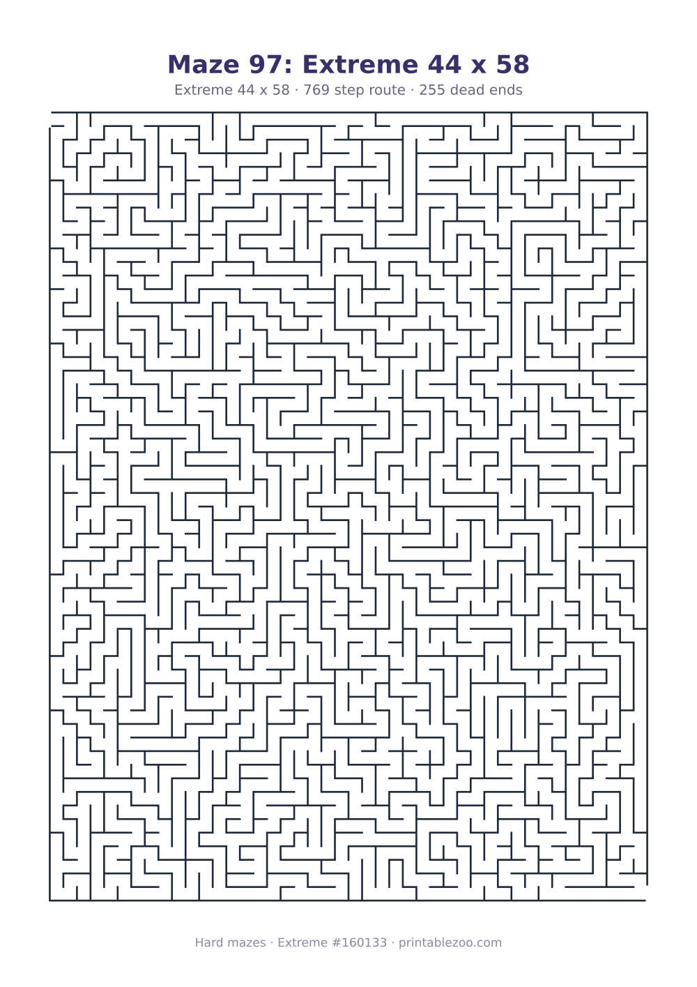 Printable extreme maze, 44x58 squares, 255 dead ends and a 769 step route Puzzle #160133.