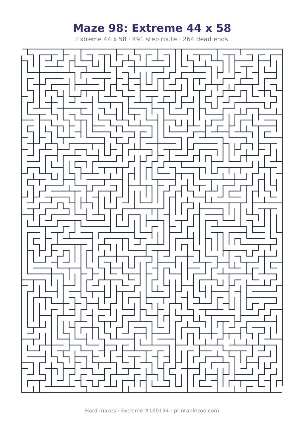 Printable extreme maze, 44x58 squares, 264 dead ends and a 491 step route Puzzle #160134.