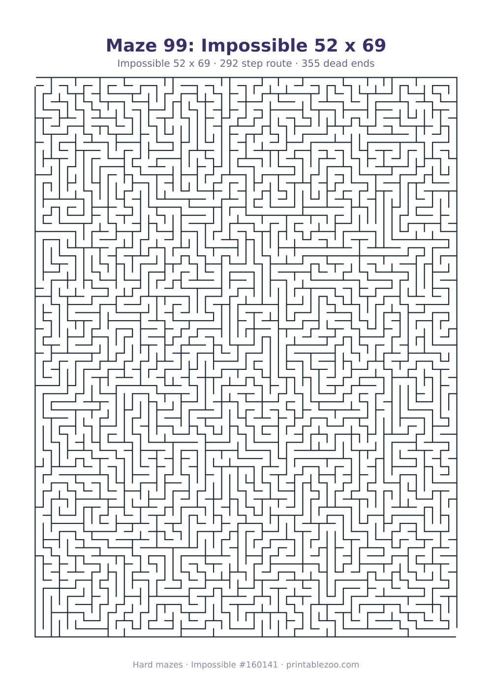 Printable impossible maze, 52x69 squares, 355 dead ends and a 292 step route Puzzle #160141.
