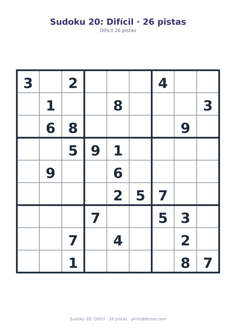 Prévia pronta para imprimir: Sudoku 20: Difícil · 26 pistas, catálogo nº 220320