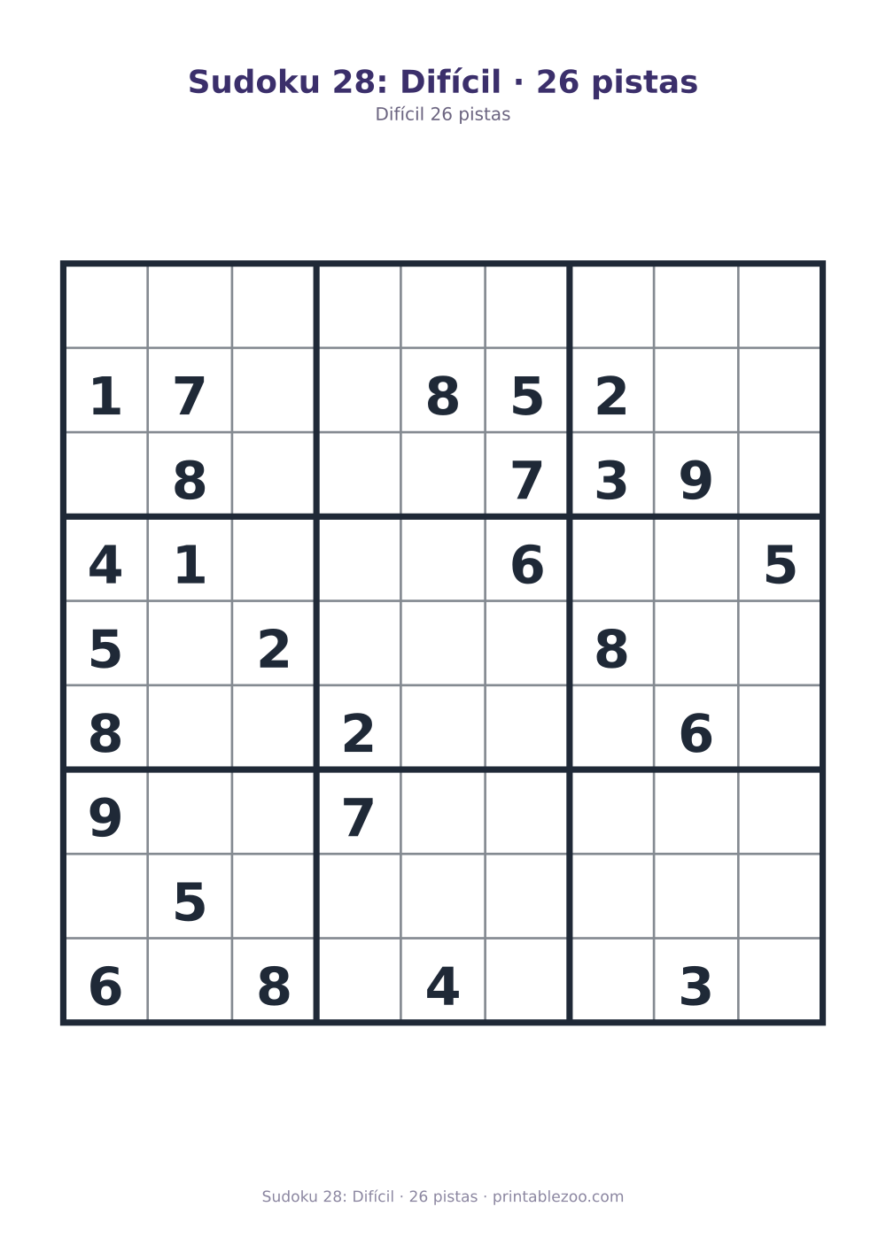Prévia pronta para imprimir: Sudoku 28: Difícil · 26 pistas, catálogo nº 220328