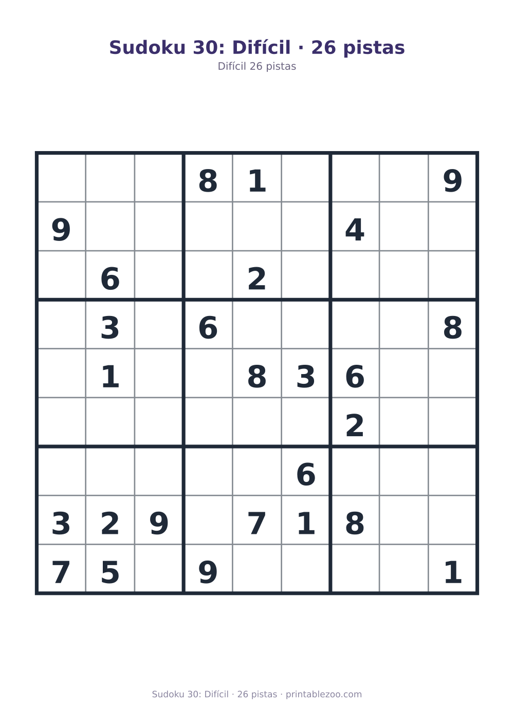 Prévia pronta para imprimir: Sudoku 30: Difícil · 26 pistas, catálogo nº 220330