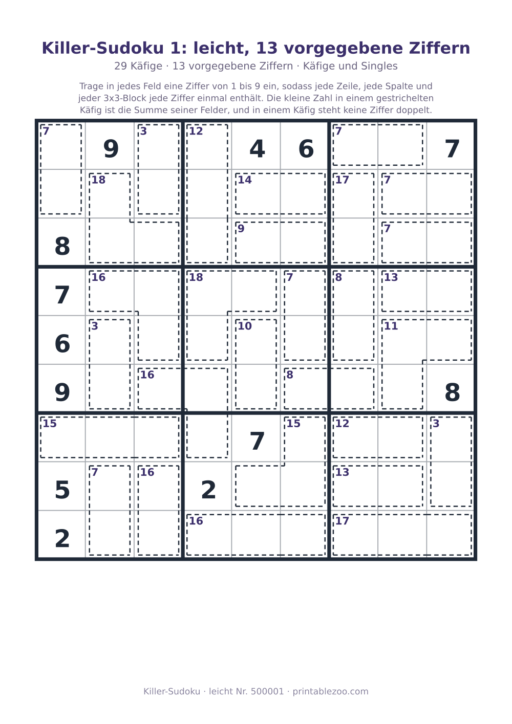 Killer-Sudoku zum Ausdrucken, Stufe leicht, 29 Käfige, 13 vorgegebene Ziffern, Rätsel 500001