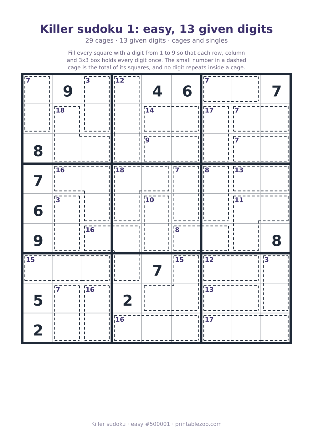 Printable killer sudoku, easy, 29 cages and 13 given digits, puzzle 500001