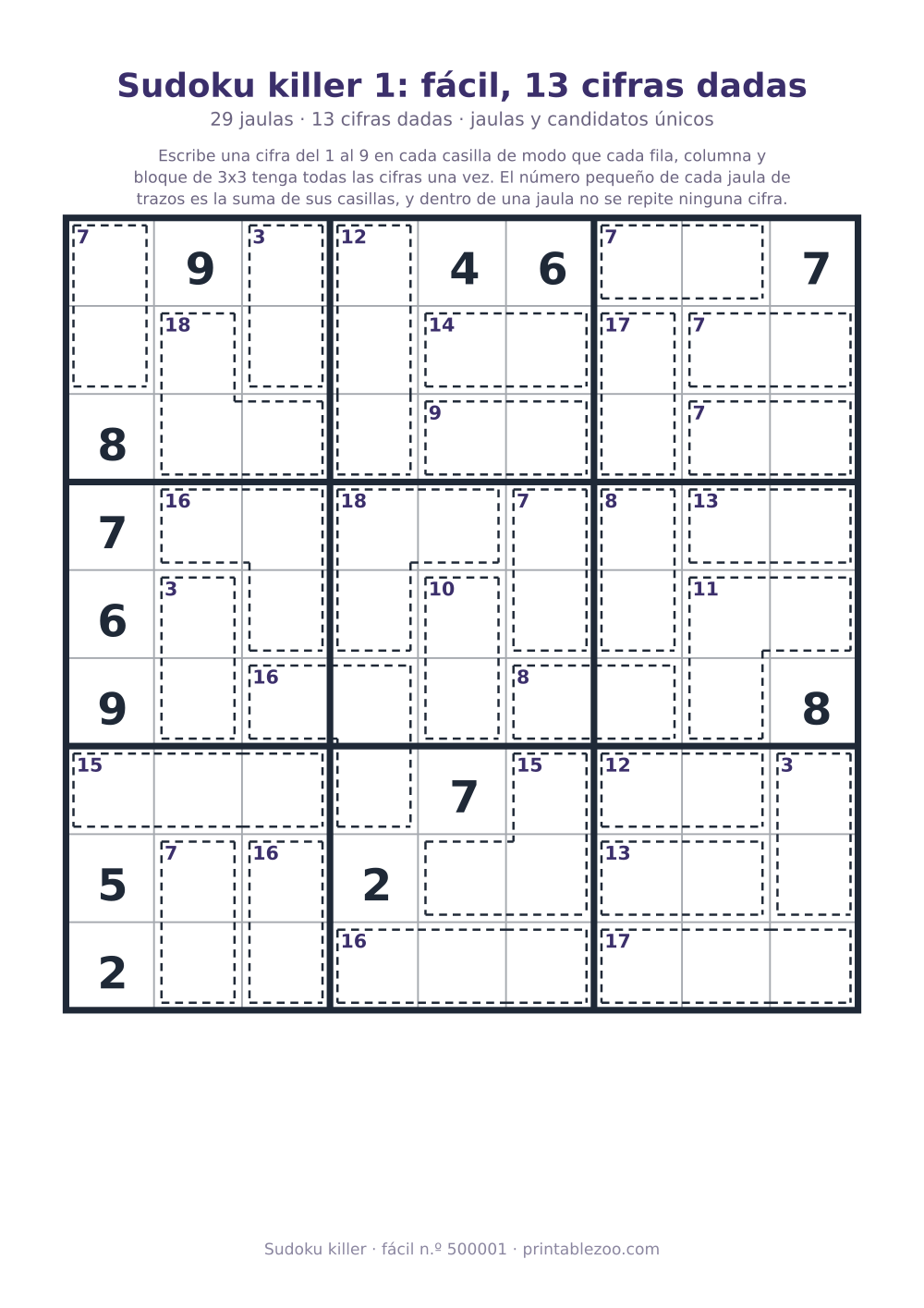Sudoku killer para imprimir de nivel fácil, 29 jaulas y 13 cifras dadas, pasatiempo 500001