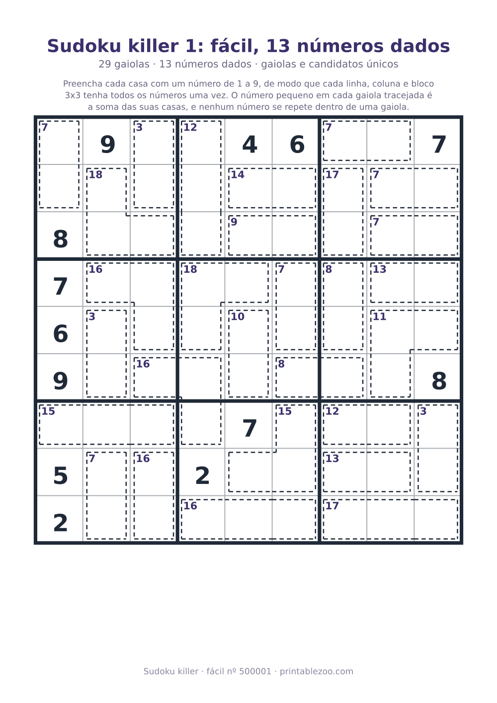 Sudoku killer para imprimir de nível fácil, 29 gaiolas e 13 números dados, desafio 500001