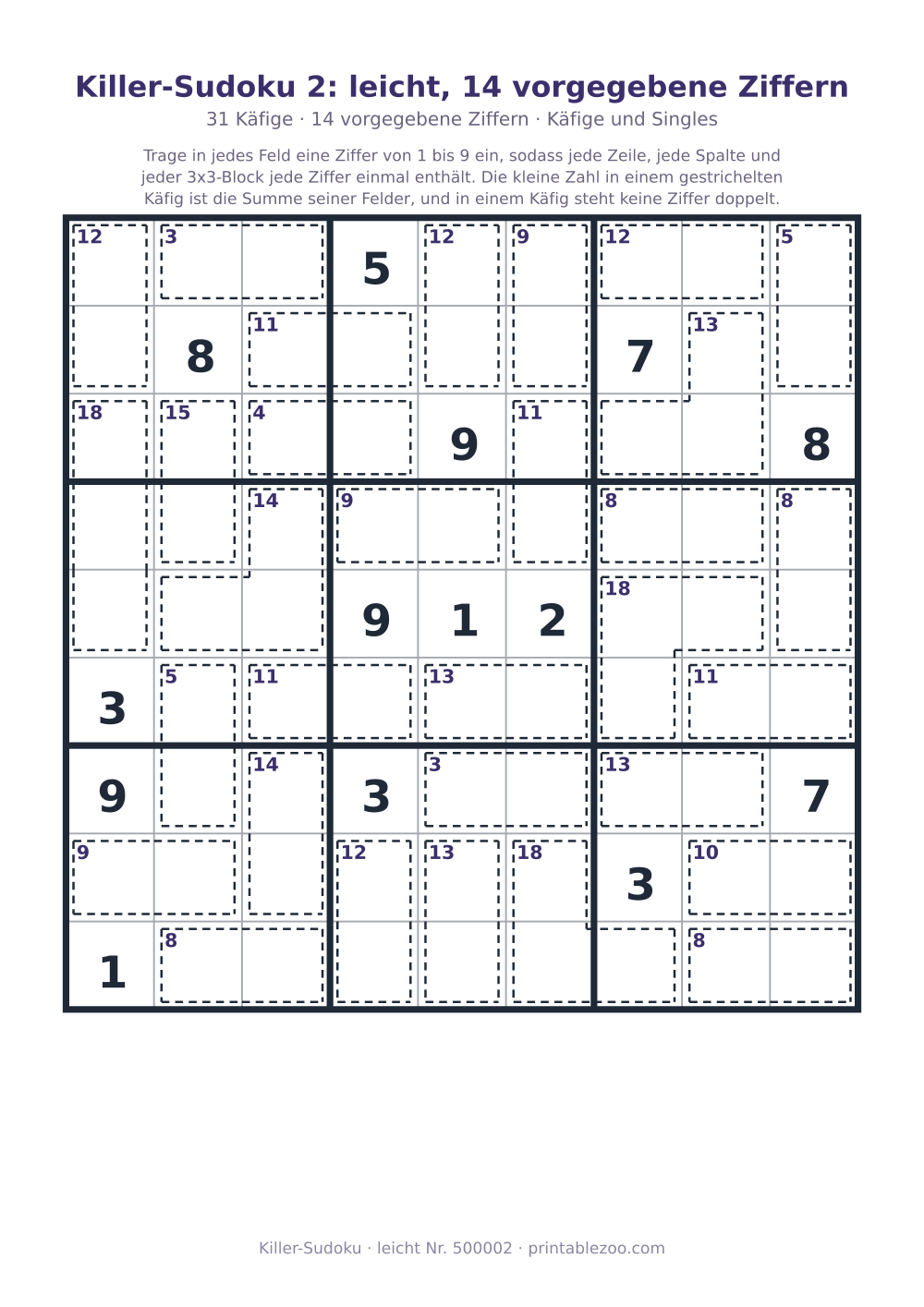 Killer-Sudoku zum Ausdrucken, Stufe leicht, 31 Käfige, 14 vorgegebene Ziffern, Rätsel 500002