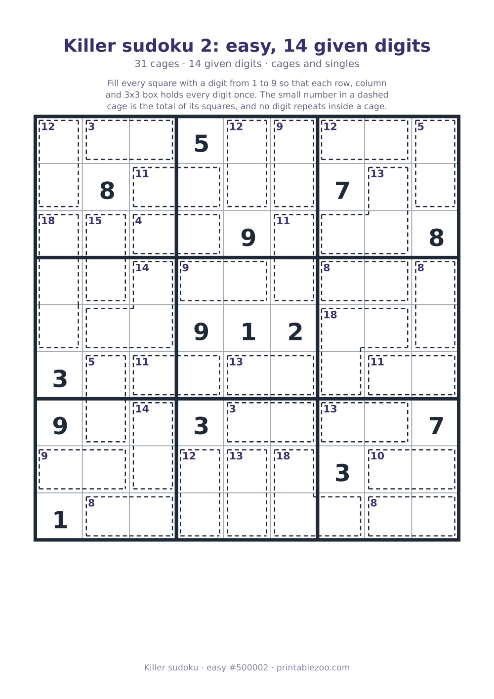 Printable killer sudoku, easy, 31 cages and 14 given digits, puzzle 500002