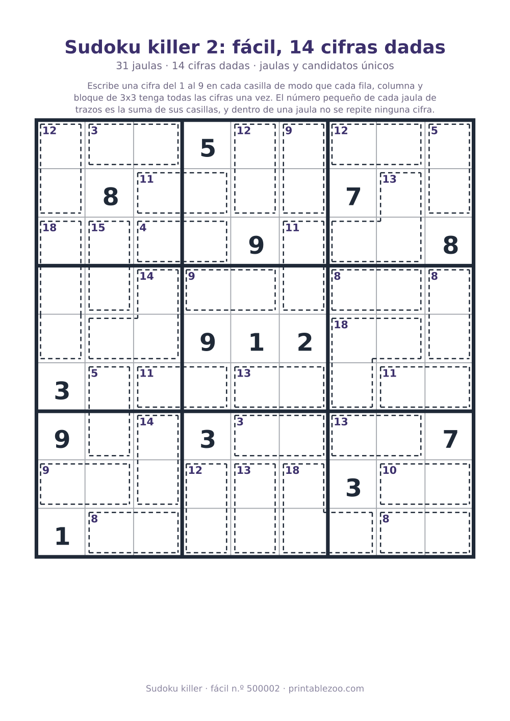 Sudoku killer para imprimir de nivel fácil, 31 jaulas y 14 cifras dadas, pasatiempo 500002