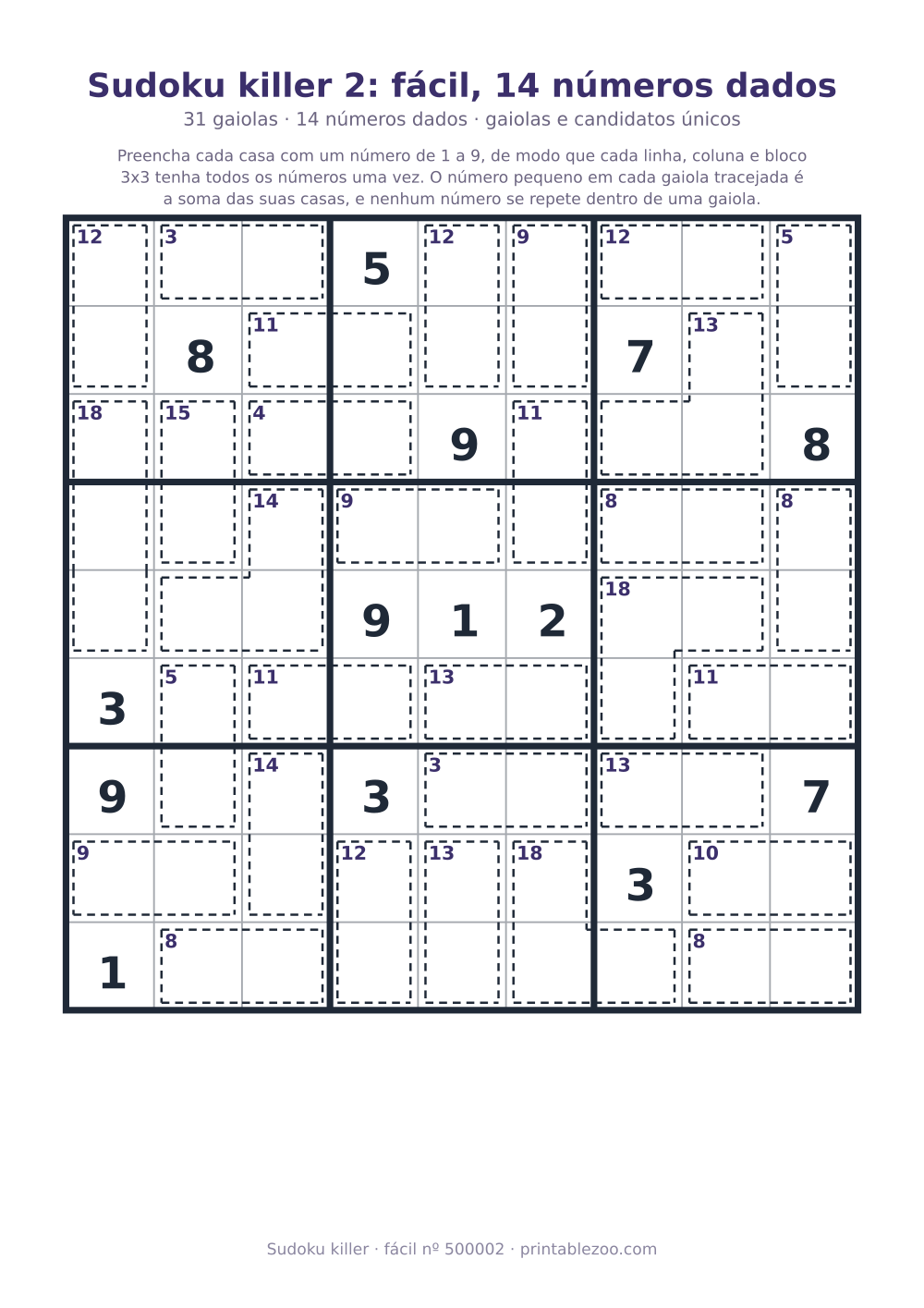 Sudoku killer para imprimir de nível fácil, 31 gaiolas e 14 números dados, desafio 500002