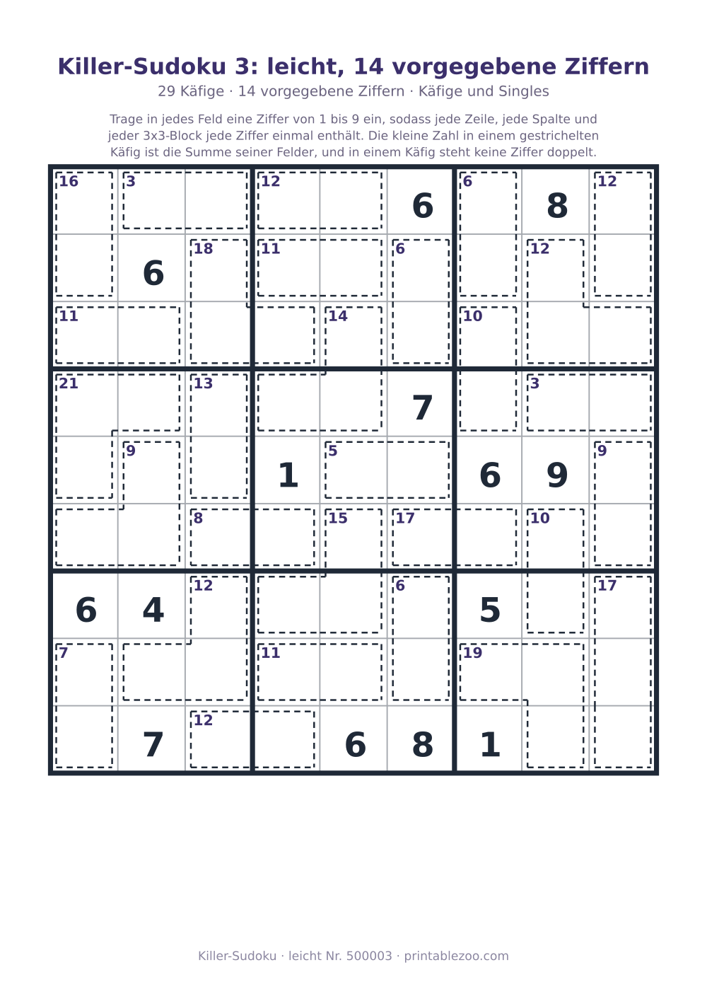 Killer-Sudoku zum Ausdrucken, Stufe leicht, 29 Käfige, 14 vorgegebene Ziffern, Rätsel 500003