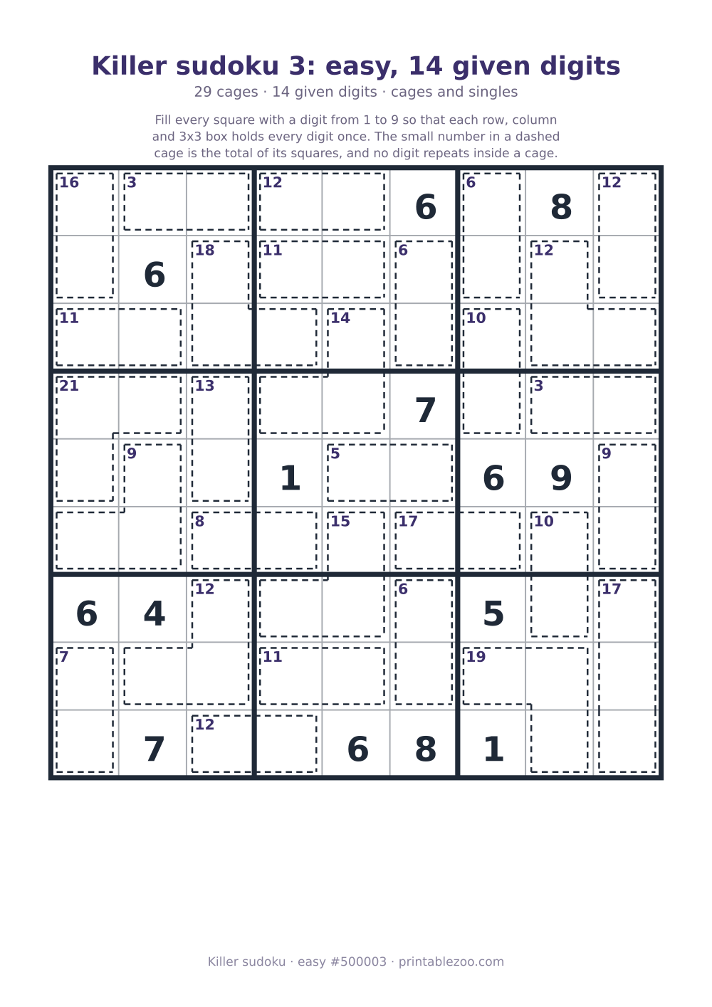 Printable killer sudoku, easy, 29 cages and 14 given digits, puzzle 500003