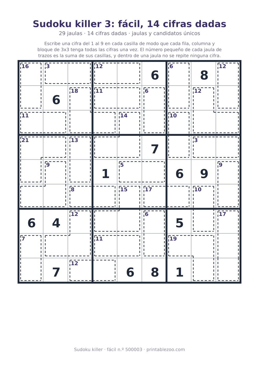 Sudoku killer para imprimir de nivel fácil, 29 jaulas y 14 cifras dadas, pasatiempo 500003