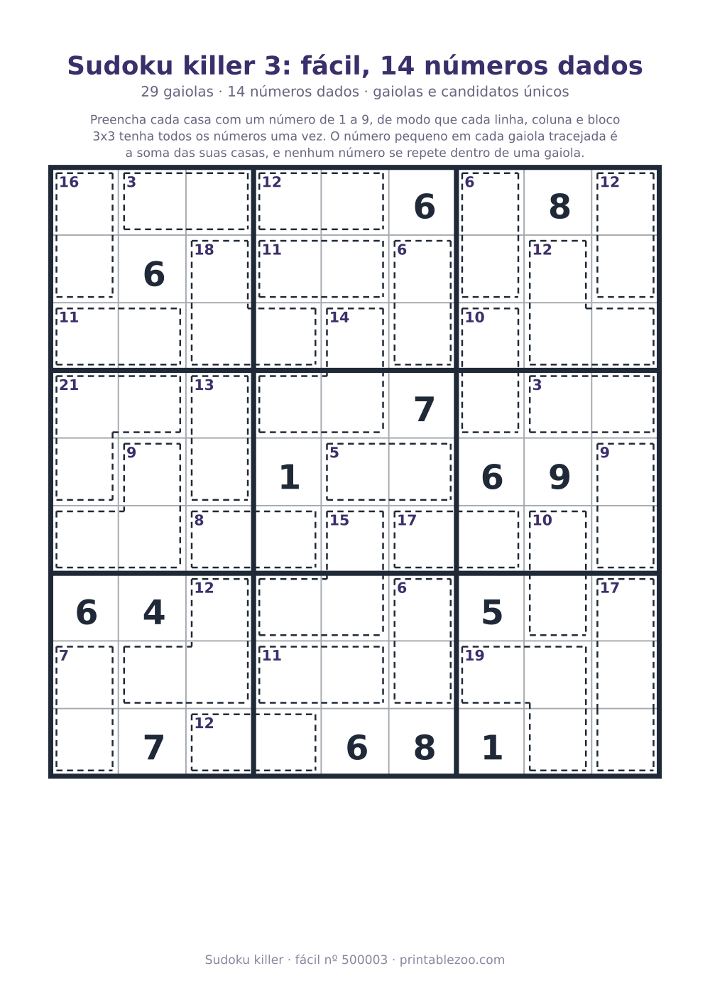 Sudoku killer para imprimir de nível fácil, 29 gaiolas e 14 números dados, desafio 500003