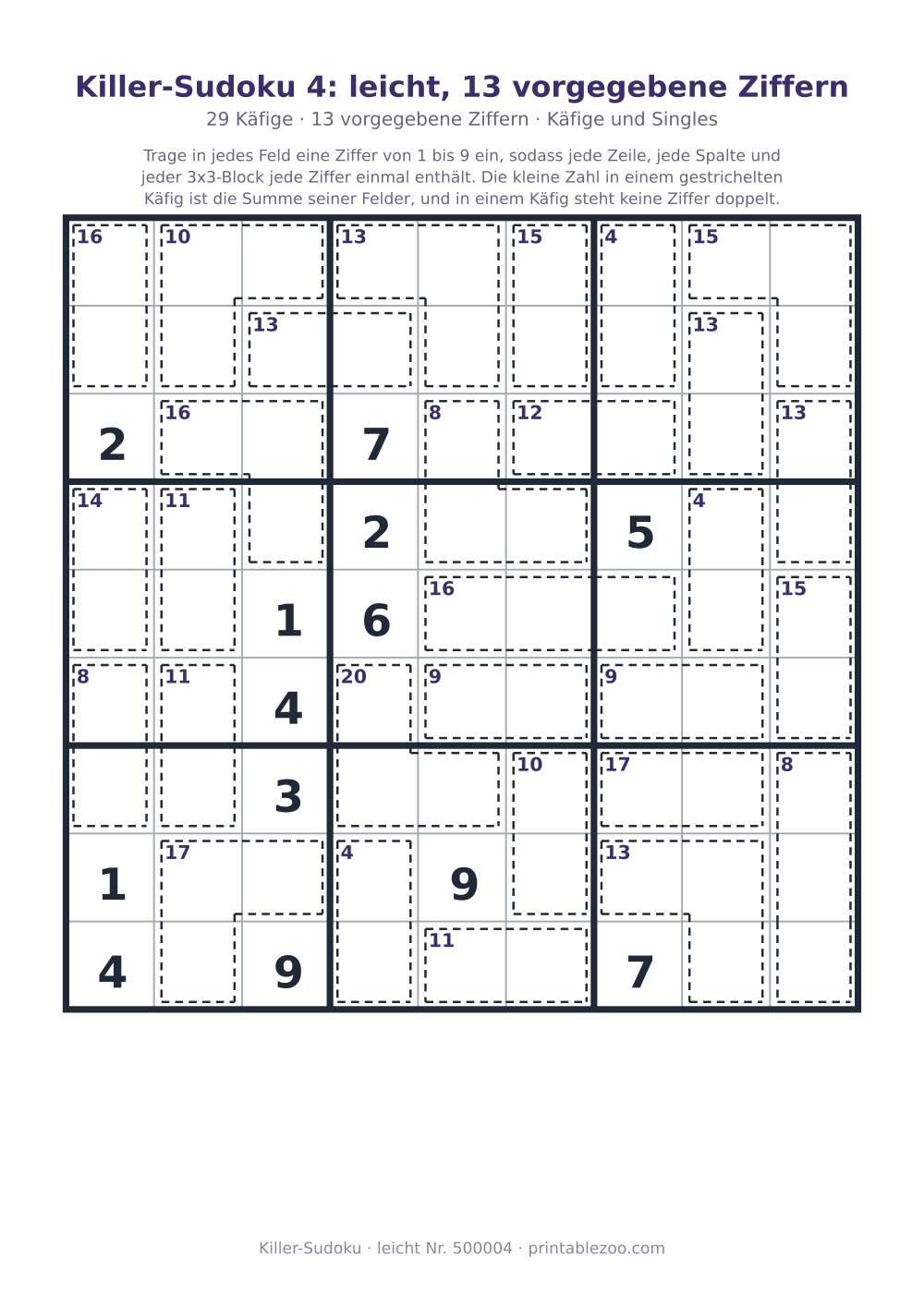 Killer-Sudoku zum Ausdrucken, Stufe leicht, 29 Käfige, 13 vorgegebene Ziffern, Rätsel 500004